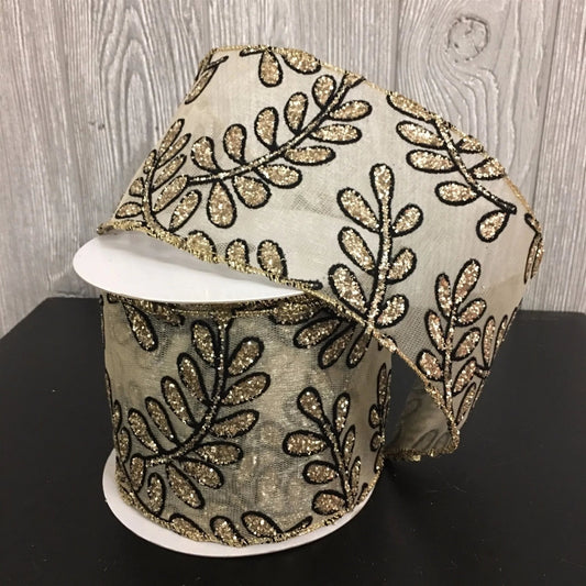 4" X 10YD Glitter Leaf Sheer Ribbon in Black/Gold | YT