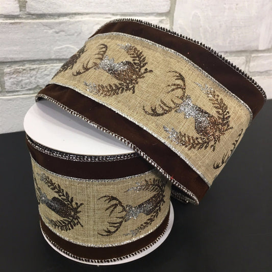 4" X 10YD Velvet Edge Glitter Deer Head Ribbon in Brown/Silver | YT