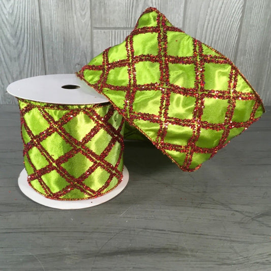 4" X 10YD Glitter Diamond Satin Ribbon in Apple/Red | YT