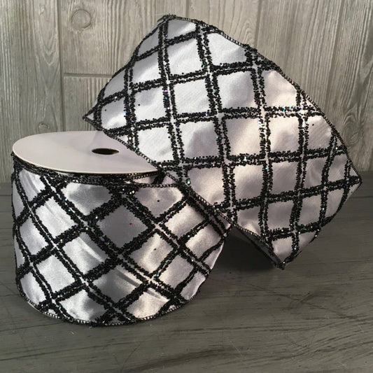 4" X 10YD Glitter Diamond Satin Ribbon in Gray/Black | YT