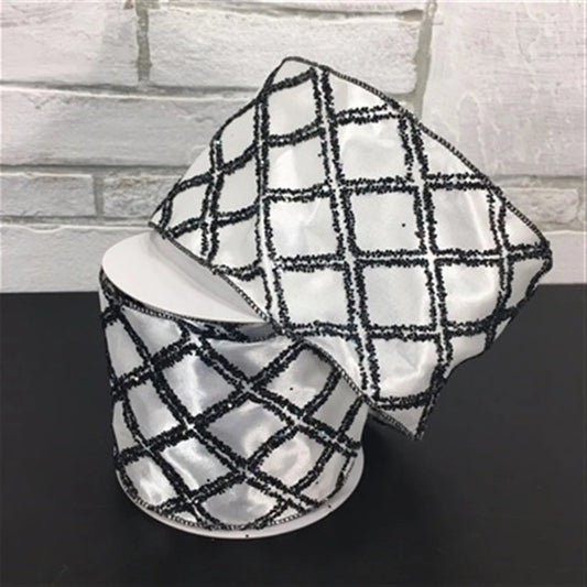 4" X 10YD Glitter Diamond Satin Ribbon in White/Black | YT