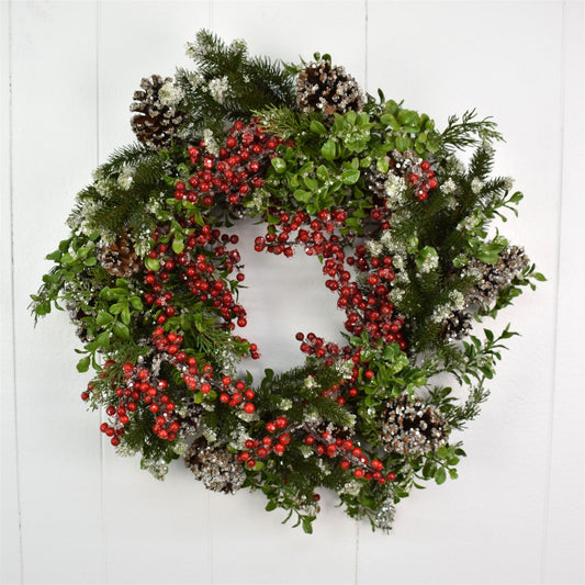 24" Iced Berry Boxwood Pine Wreath | H
