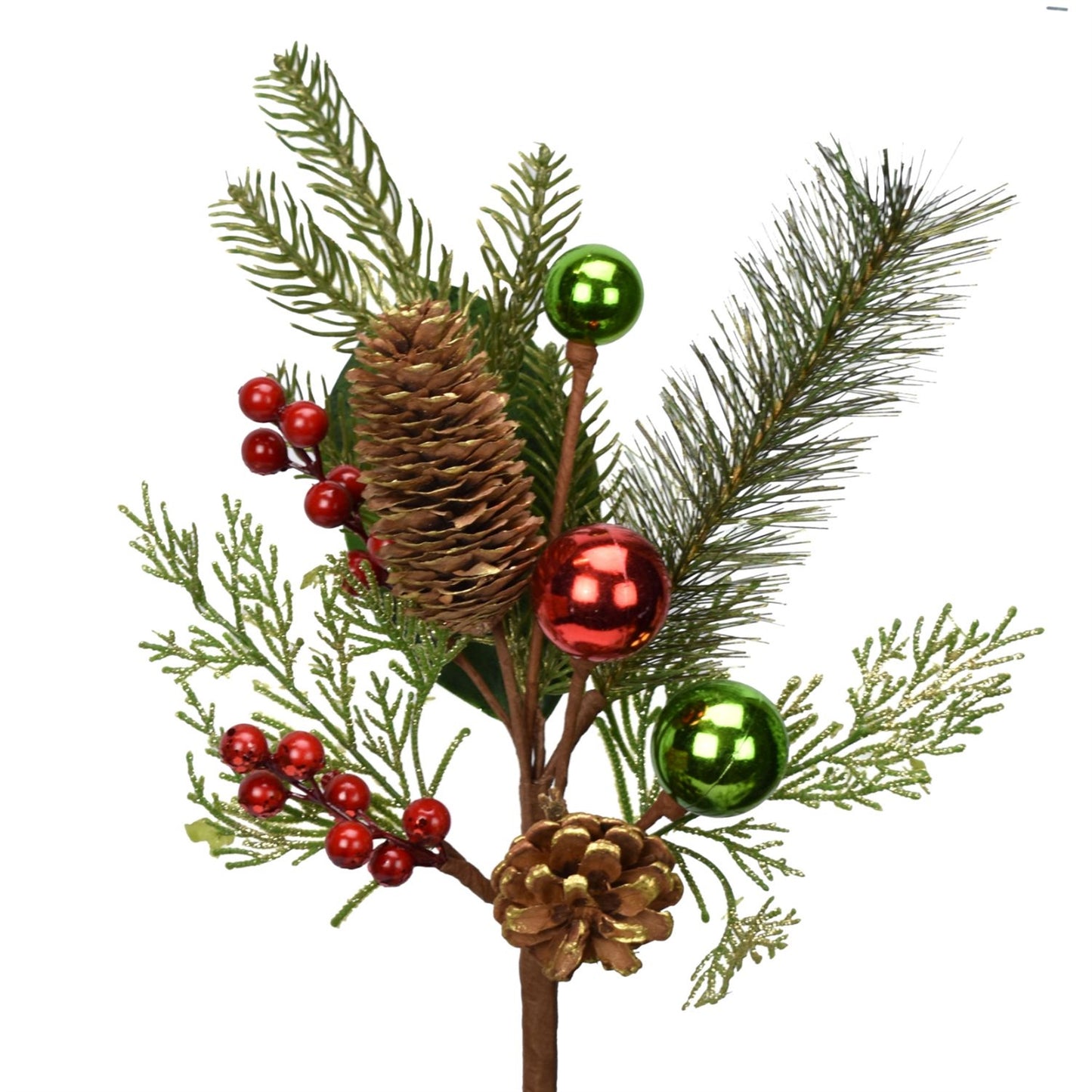 20" Gold Brushed Pine Cone/Berry/Ball Spray in Apple Green/Red | QD