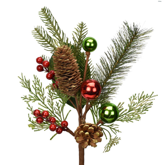 20" Gold Brushed Pine Cone/Berry/Ball Spray in Apple Green/Red | QD