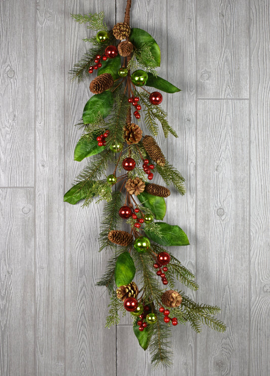 48" Gold Brushed Pine Cone/Berry/Ball Garland in Apple Green/Red | QD