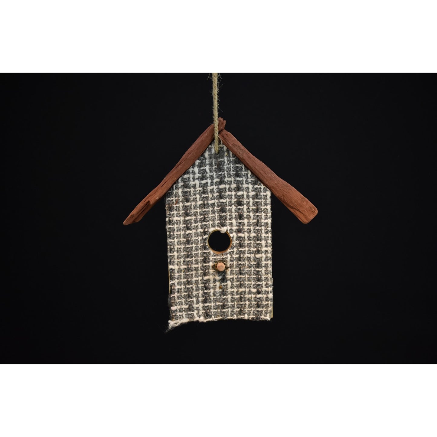 7.75" Gray/White Criss Cross Fabric Wood Birdhouse Ornament | BF