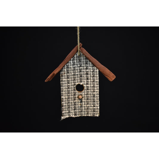 7.75" Gray/White Criss Cross Fabric Wood Birdhouse Ornament | BF