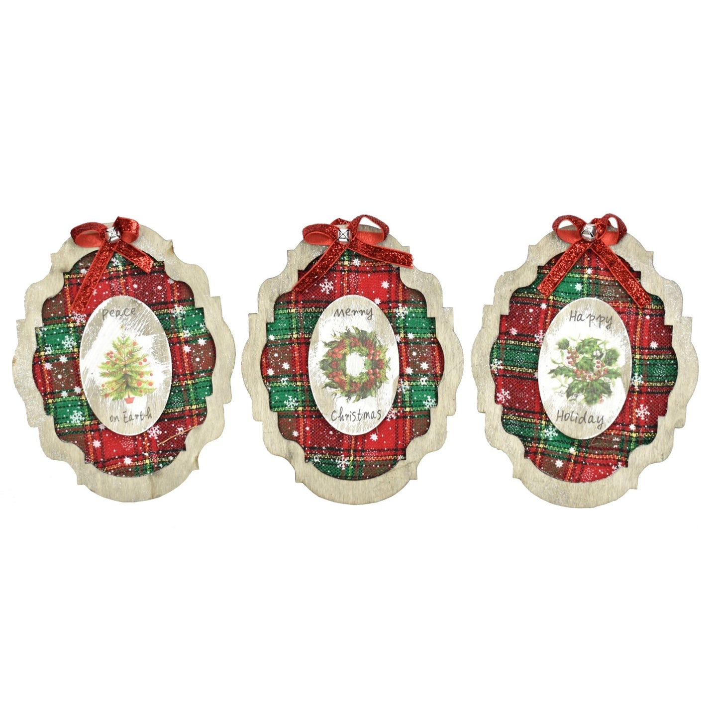 7.5" Wood Frame Plaid Ornaments (3 Asst.) | BF