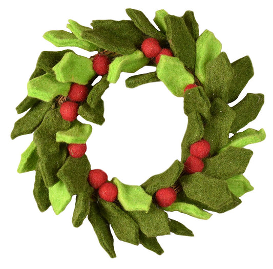 9.45" Wool Holly Berry Candle Ring Wreath