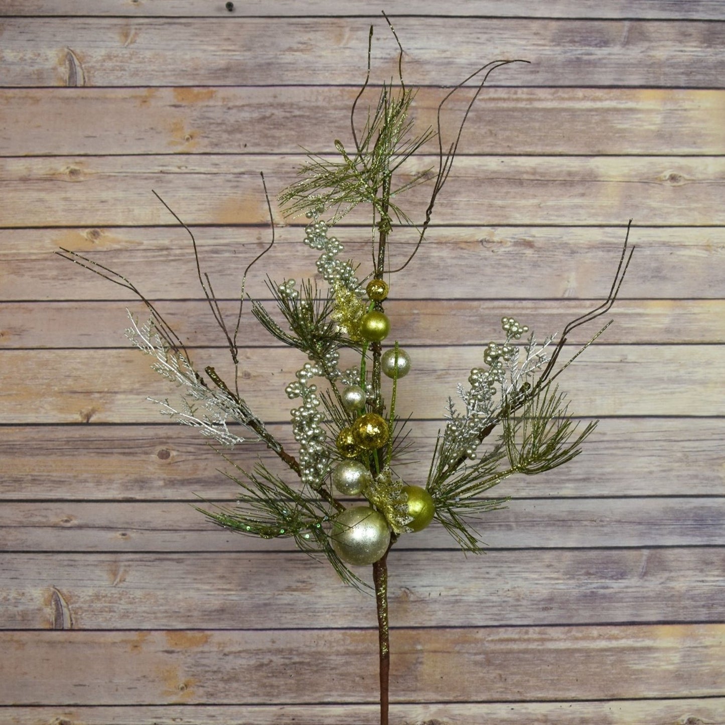 Metallic Glitter Ball Holly Berry Pine Spray in Wintergreen