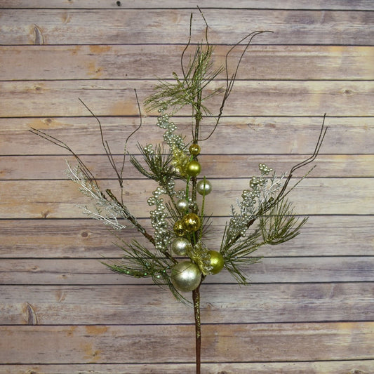 Metallic Glitter Ball Holly Berry Pine Spray in Wintergreen