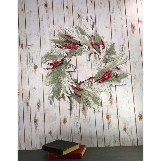 26" Crystal Iced Pine / Berry / Pinecone Snowed Wreath | BF