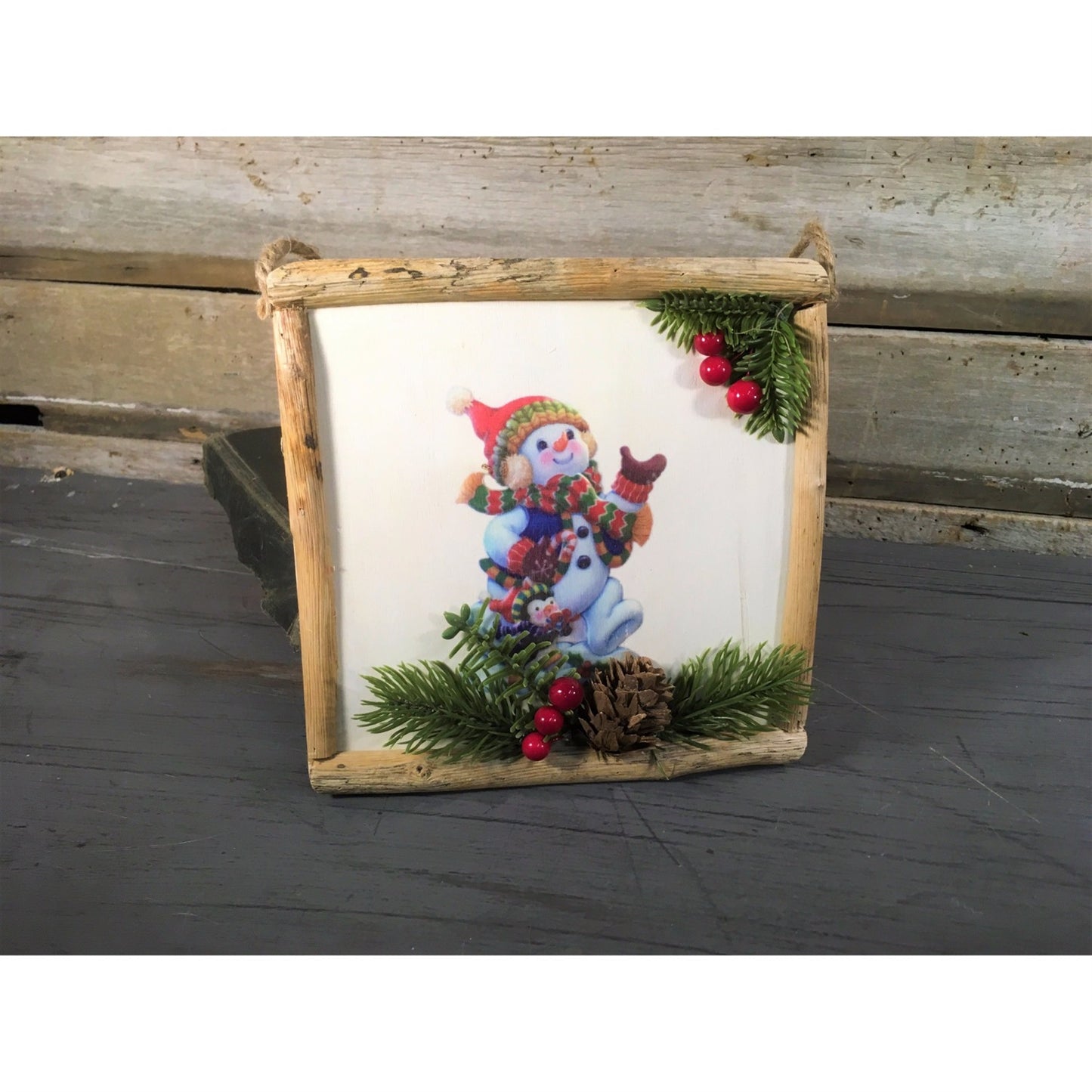 7" Square Rustic Snowman / Penguin Frame Ornament | BF