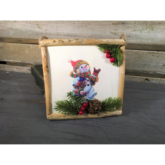 7" Square Rustic Snowman / Penguin Frame Ornament | BF