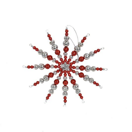 6" Retro Beaded Snowflake Ornament in Red/Silver | YK