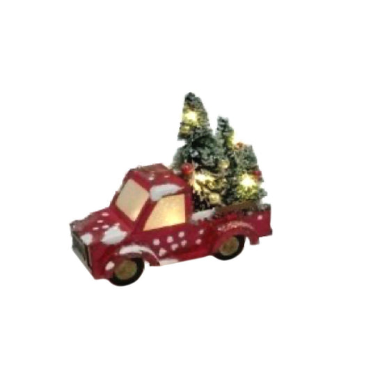 5" Vintage Paper Style Light Up Red Truck Ornament with 3 trees | YK