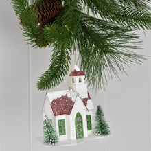 Load image into Gallery viewer, 4.5&quot; Snow Pine Village Light Up Ornaments in Red/Green--Set of 2: House &amp; Church- YK