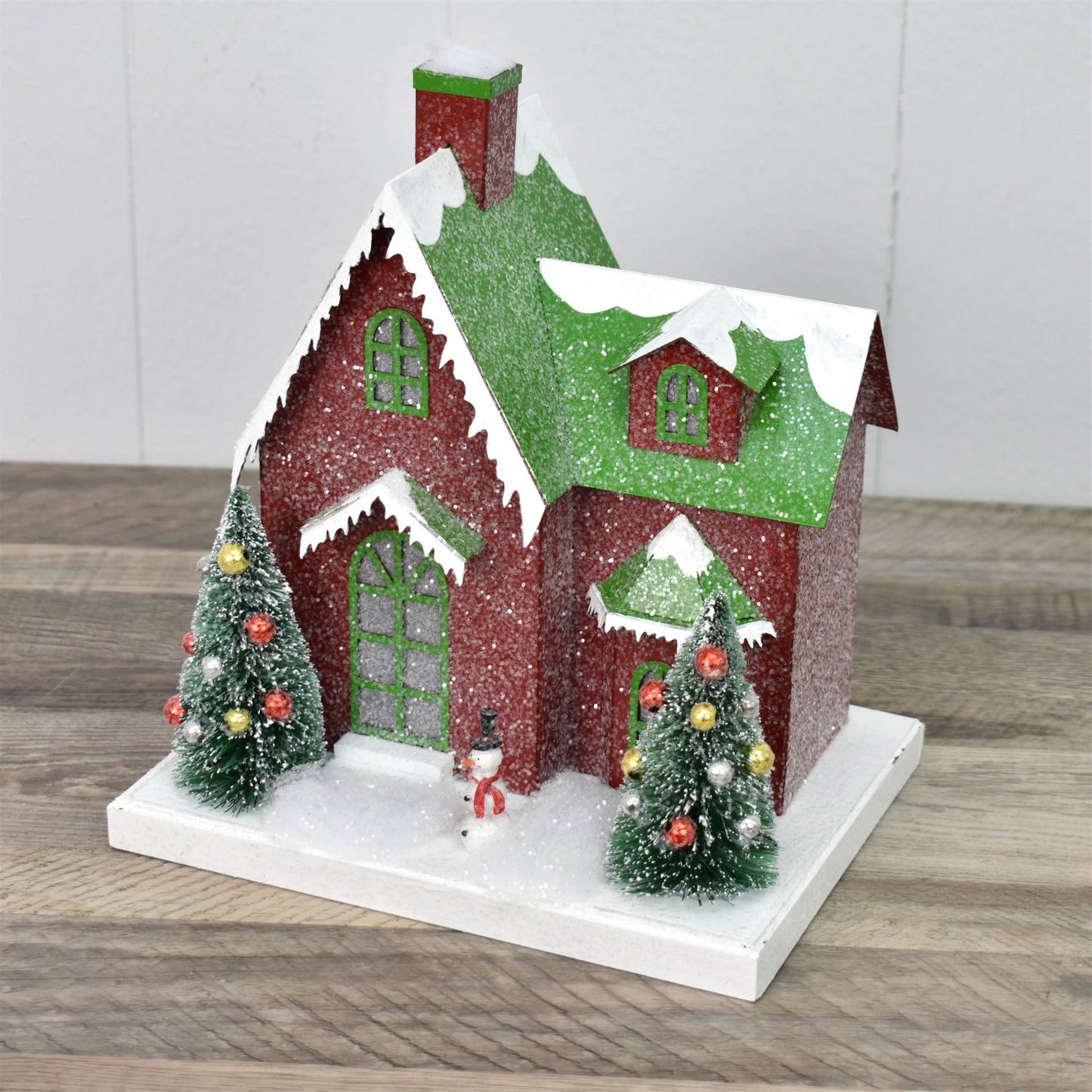9.5" Snow Pine Village Style Light Up House in Red | YK