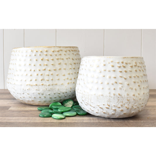 Embossed Dot Metal Planter Set of 2 in White/Gold