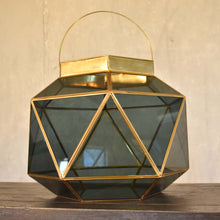 Load image into Gallery viewer, Geo Brass Lantern with Smoky Glass Metal Trim in Smoke/Gold | DCH