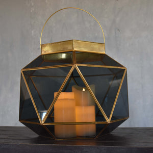 Geo Brass Lantern with Smoky Glass Metal Trim in Smoke/Gold | DCH