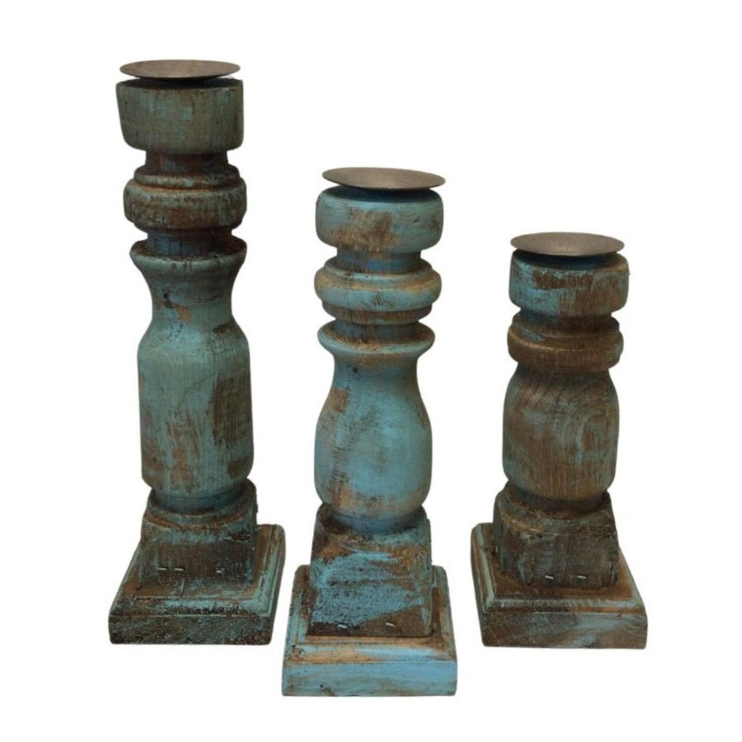 Blue Distressed Candle Holders (Set of 3)