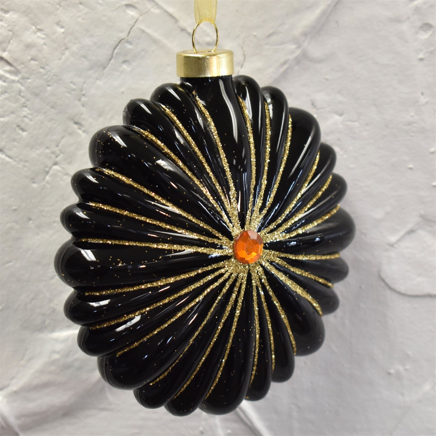 Iridescent Glass Ribbed and Glittered Disk Ornament 4" x 4.5" in Black/Gold | LCC22