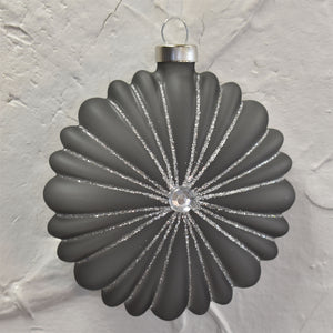 Ribbed And Glittered Glass Disk Ornament 4" x 4.5" in Matte Grey | LCC22