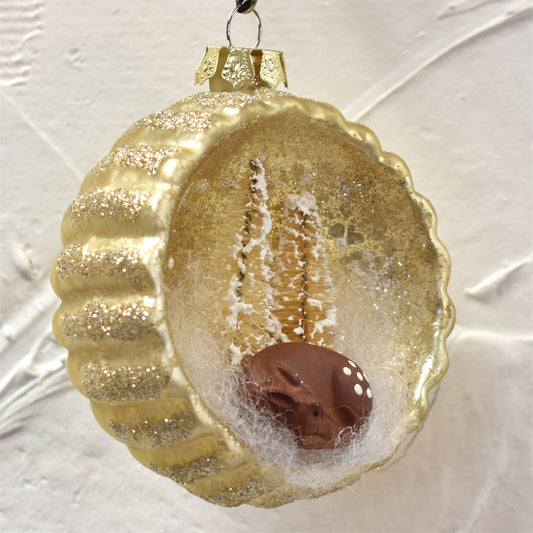 Antique Gold Mercury Glass Ornament with Resting Deer and Snowed Pine Scene 3" | LCC22