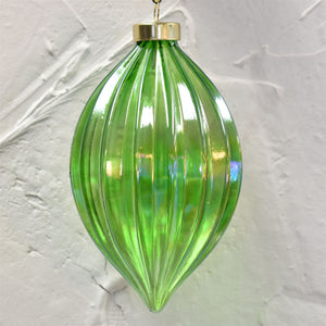 Iridescent Glass Ribbed Finial Ornament in Green 4" x 4" x 4.5" | LC