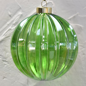 Iridescent Glass Ribbed Ball Ornament 4" in Green | LCC22