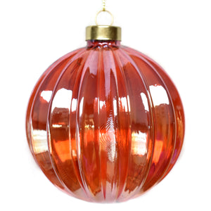 Iridescent Glass Ribbed Ball Ornament 4" in Red | LC