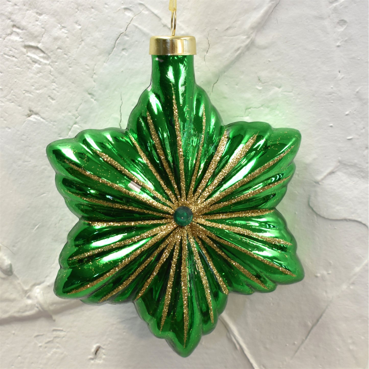 Shining Star Glass Ornament 4.5" x 5.5" in Emerald/Gold | LCC22