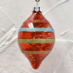 Retro Striped Finial Glass Ornament 4" in Red/Multi | LCC22