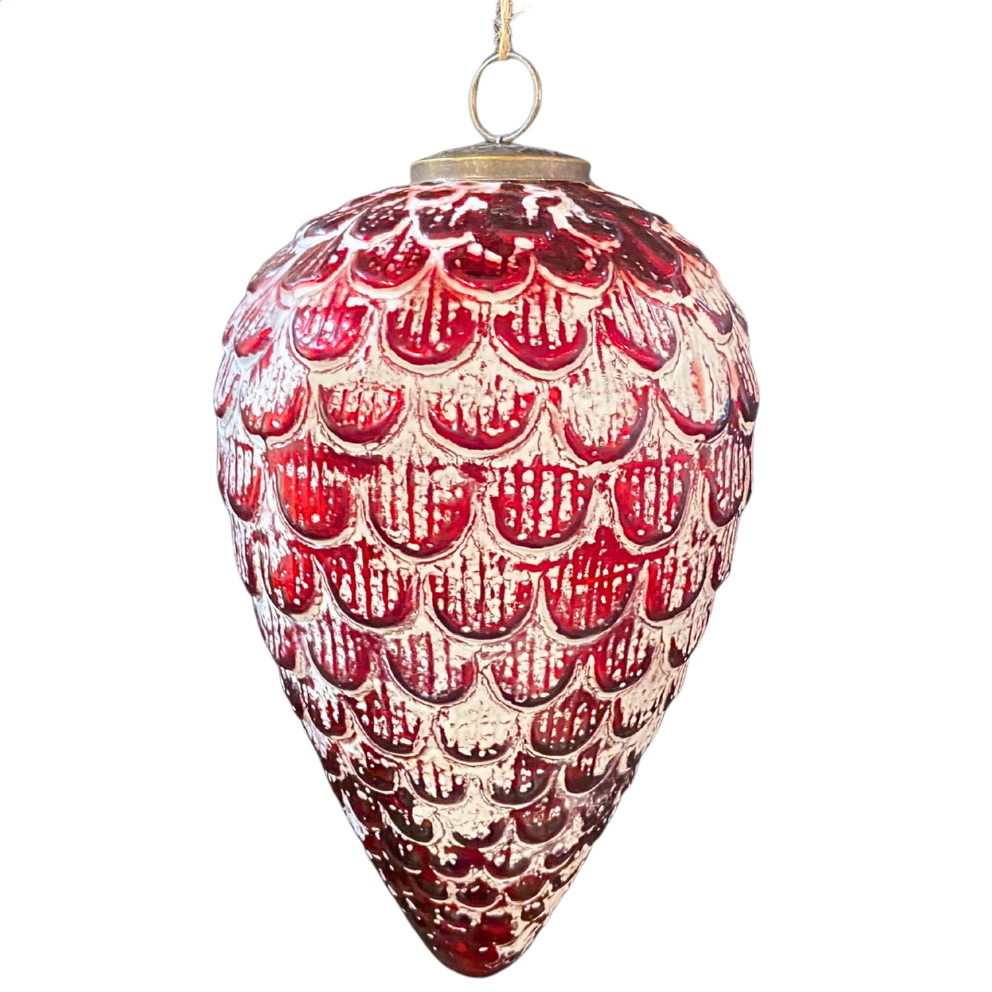 10" Large Red/White Glass Aspen Pinecone Ornament | SB