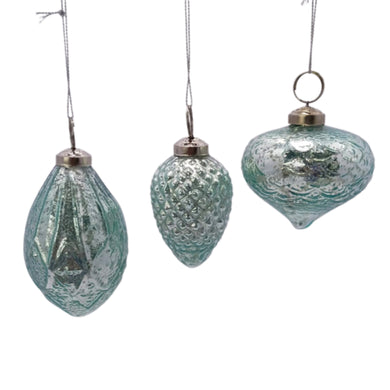 Mercury Glass Set of 6 w/3 Styles Asst Ornaments - Light Blue