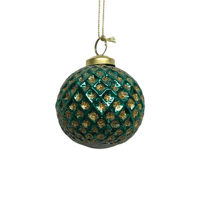Mercury Glass Ball W/ Glitter Diamond Pattern Ornament 3'' -Emerald