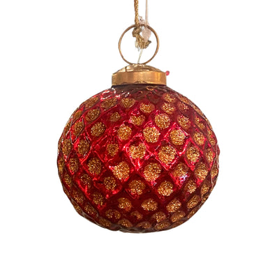 Mercury Glass Ball W/ Glitter Diamond Pattern Ornament 3''- Red