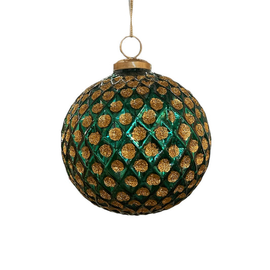 Mercury Glass Ball W/ Glitter Diamond Pattern Ornament 5'' -Emerald