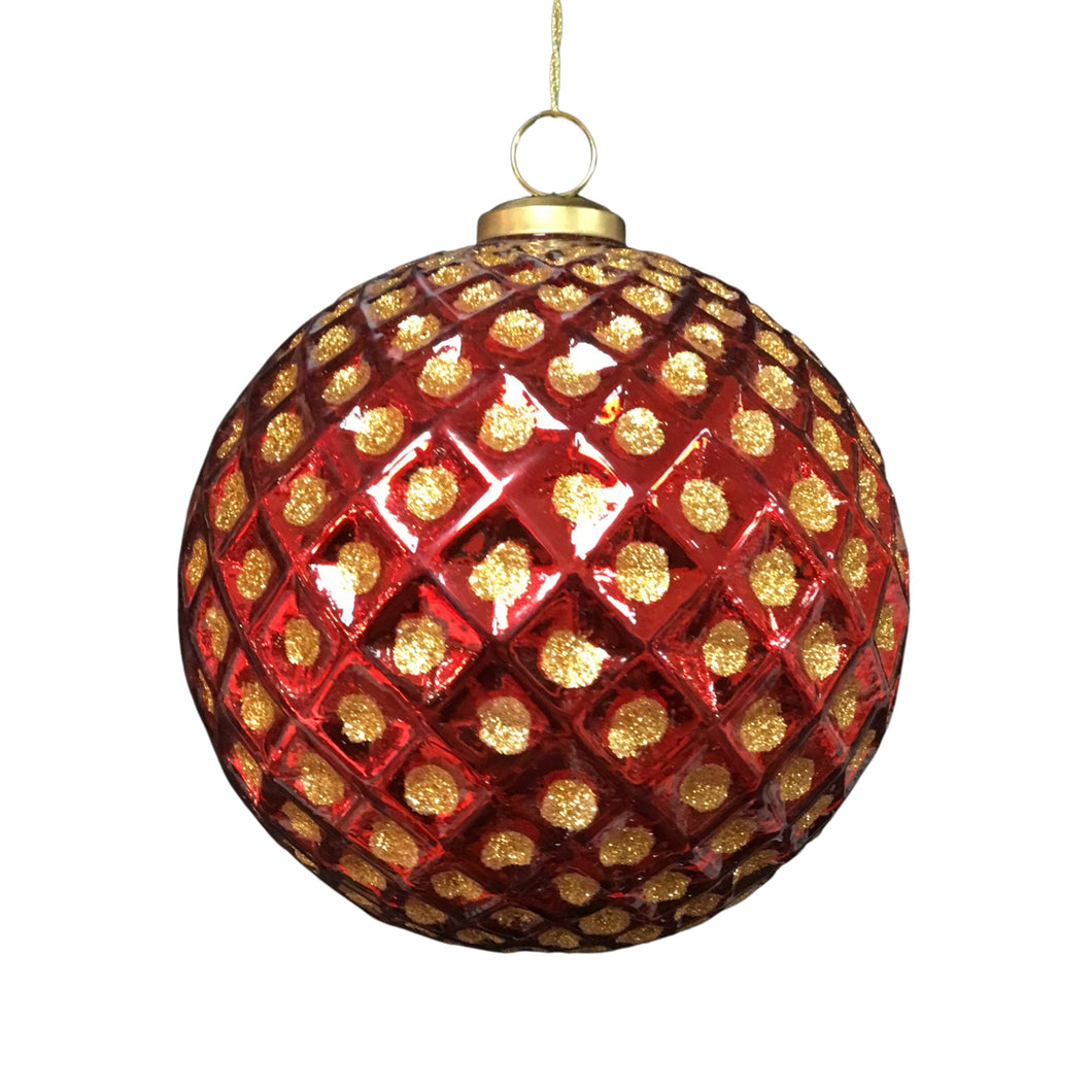 Mercury Glass Ball W/ Glitter Diamond Pattern Ornament 5''- Red