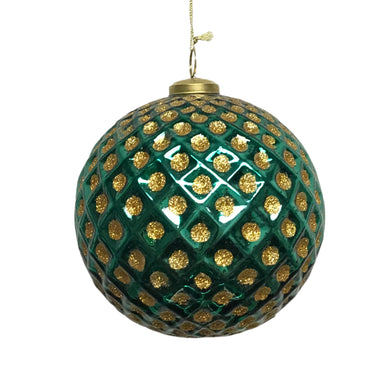 Mercury Glass Ball W/ Glitter Diamond Pattern Ornament 7'' - Emerald