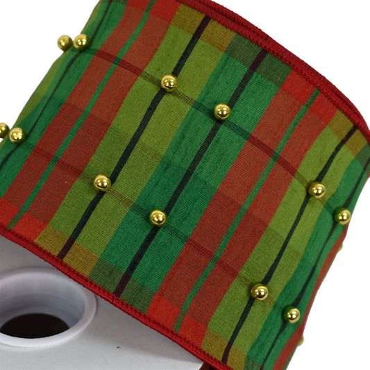 Traditional Christmas Plaid with Gold Beads 4" x 10yd IR22