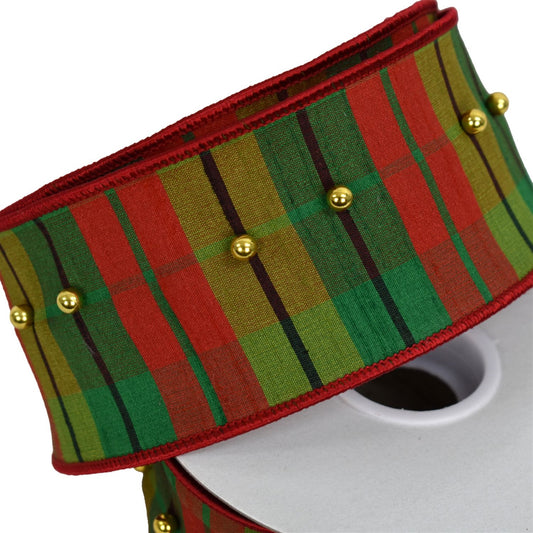 Traditional Christmas Plaid with Gold Beads 2.5" x 10yd