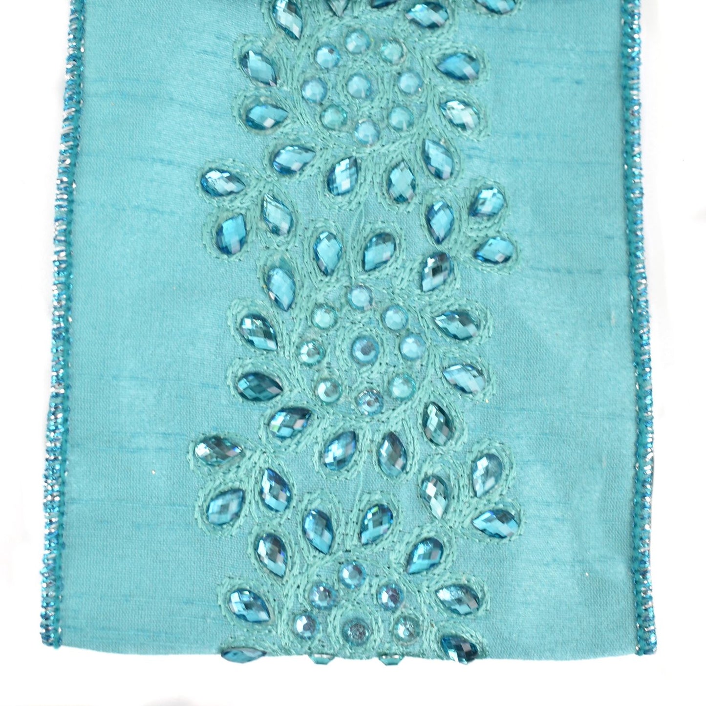 Teal Blue Faux Dupioni Ribbon with Blue Jeweled Center 4" x 5yd
