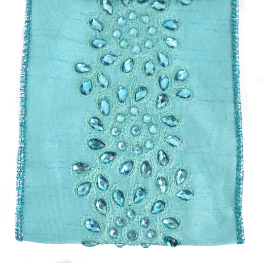 Teal Blue Faux Dupioni Ribbon with Blue Jeweled Center 4" x 5yd
