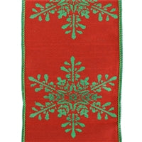 4" x 10 yd Red Faux Dupioni with Emerald Snowflake | IR