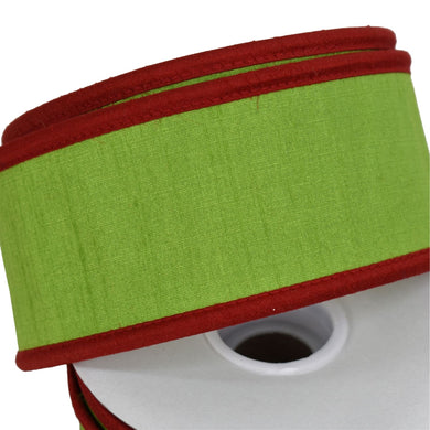Green Faux Dupioni Ribbon with Red Piping Edge 2.5