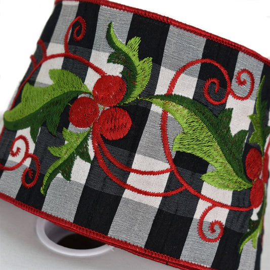 Black and White Check Ribbon with Embroidered Green and Red Holly Berry Vine 4" x 10yd