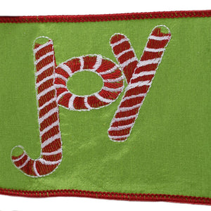 Green Faux Dupioni Ribbon with Candy Striped "Joy" 4" x 10yd