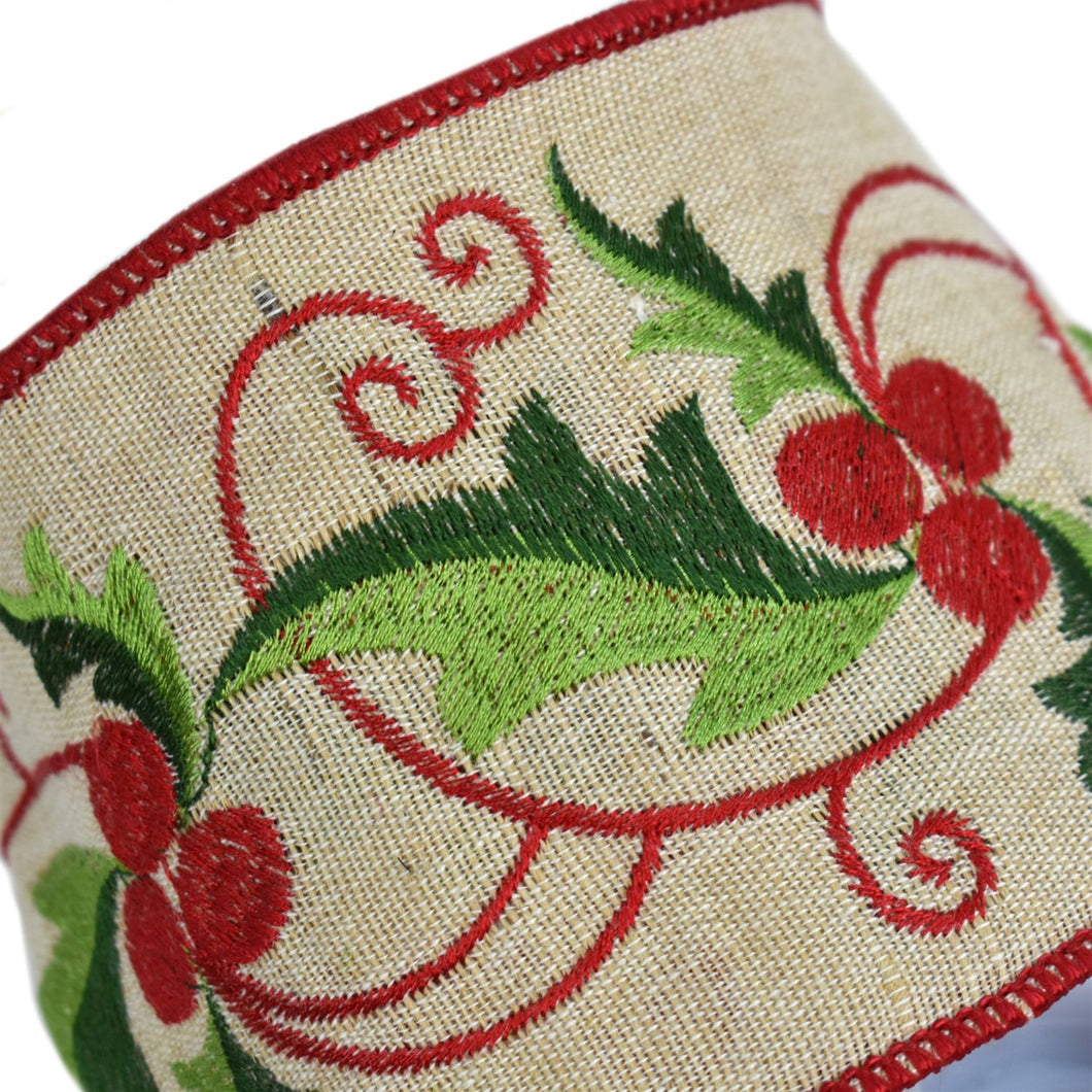Natural Faux Dupioni Ribbon with Embroidered Red/Green Holly Berry Vine 4